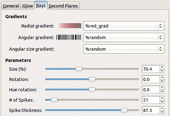 The Gradient Flare editor, Rays tab