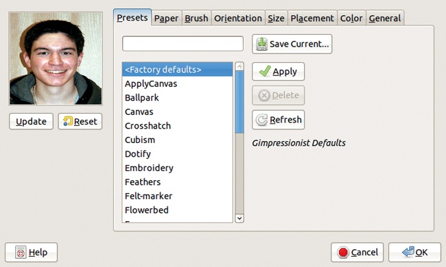 The GIMPressionist dialog, Presets tab