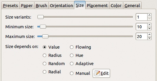 The GIMPressionist dialog, Size tab
