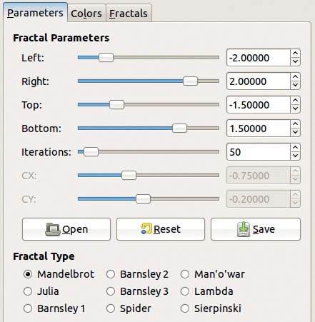 The Fractal Explorer dialog, Parameters tab