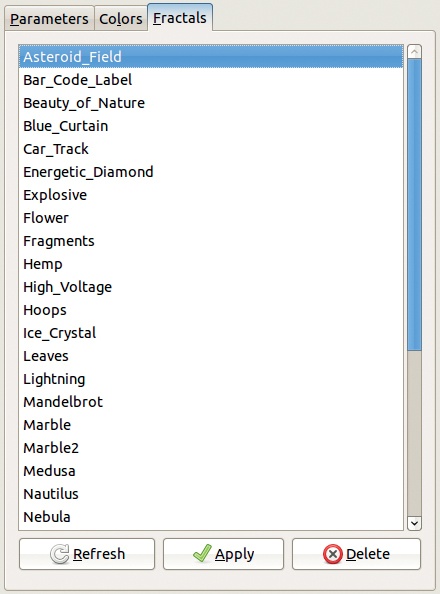 The Fractal Explorer dialog, Fractals tab