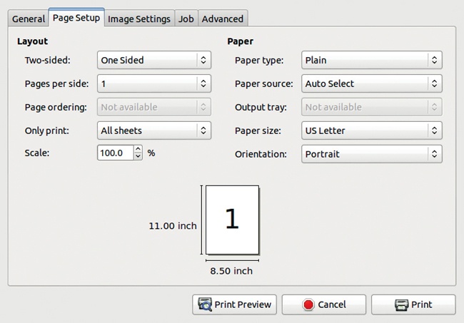 The Print dialog, Page Setup tab