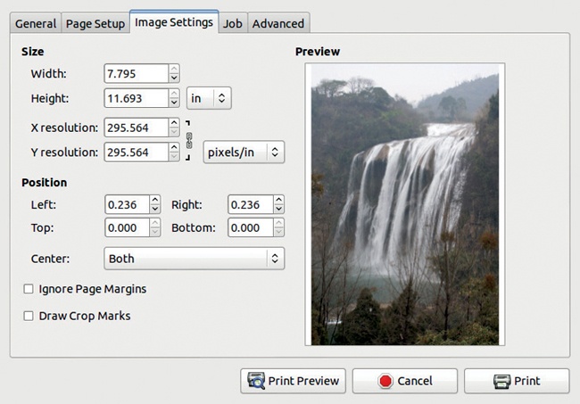 The Print dialog, Image Settings tab