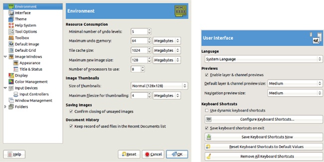 The Preferences dialog, Environment tab (left) and User Interface tab (right)