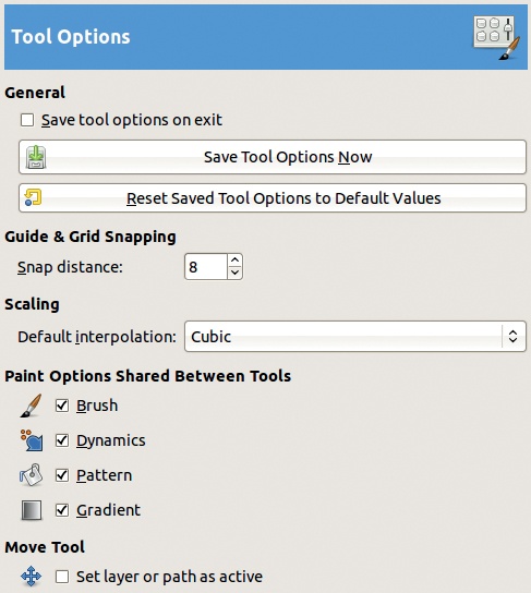 The Preferences dialog, Tool Options tab