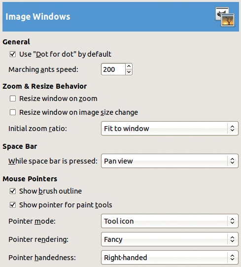 The Preferences dialog, Image Windows tab