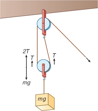 mass on two-pulley system; mg points down, 2T points up