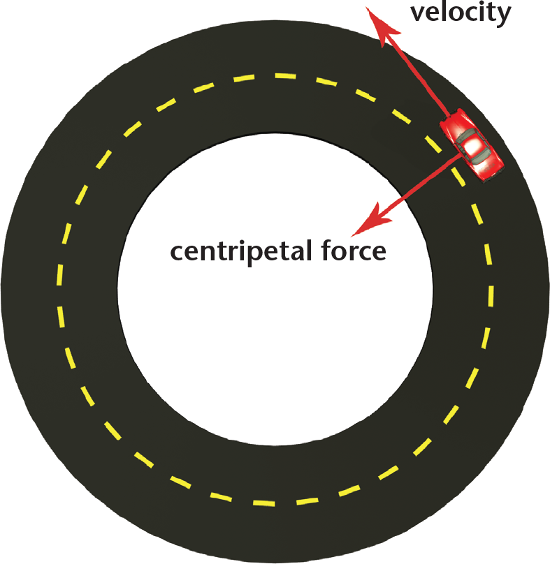 car going around circular road; velocity and centripetal force labeled