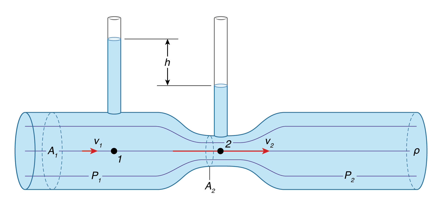 tube with wide (1) and narrow portions (2); cross-sectional area, linear speed, and pressure labeled; height of column above tube at 2 is lower than at 1