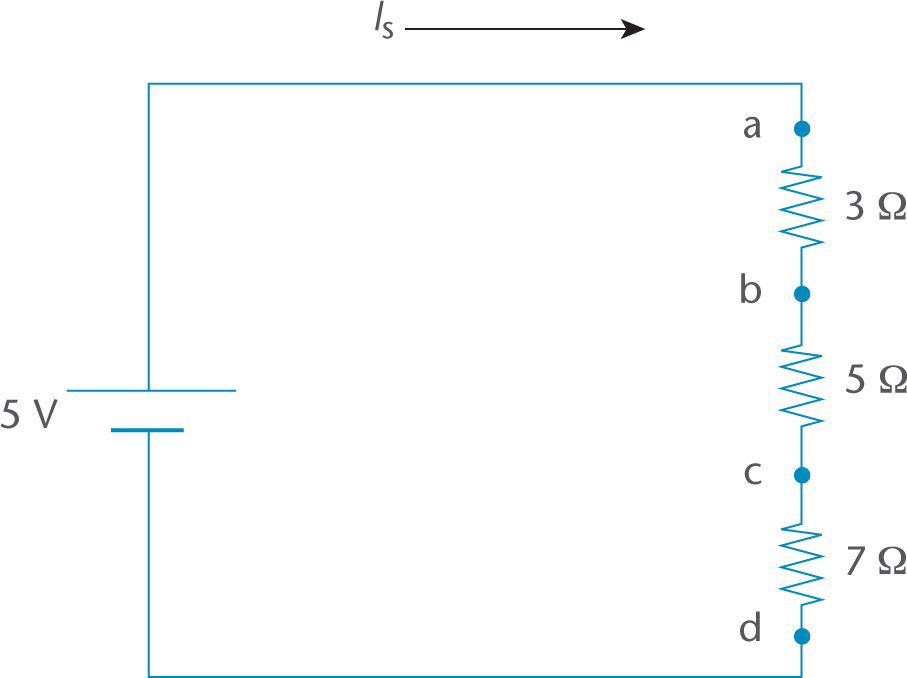 5 volt battery connected to three resistors in series: 3, 5, and 7 ohms. points a, b, c, and d labeled start before resistors, then between each, then after the resistors, respectively