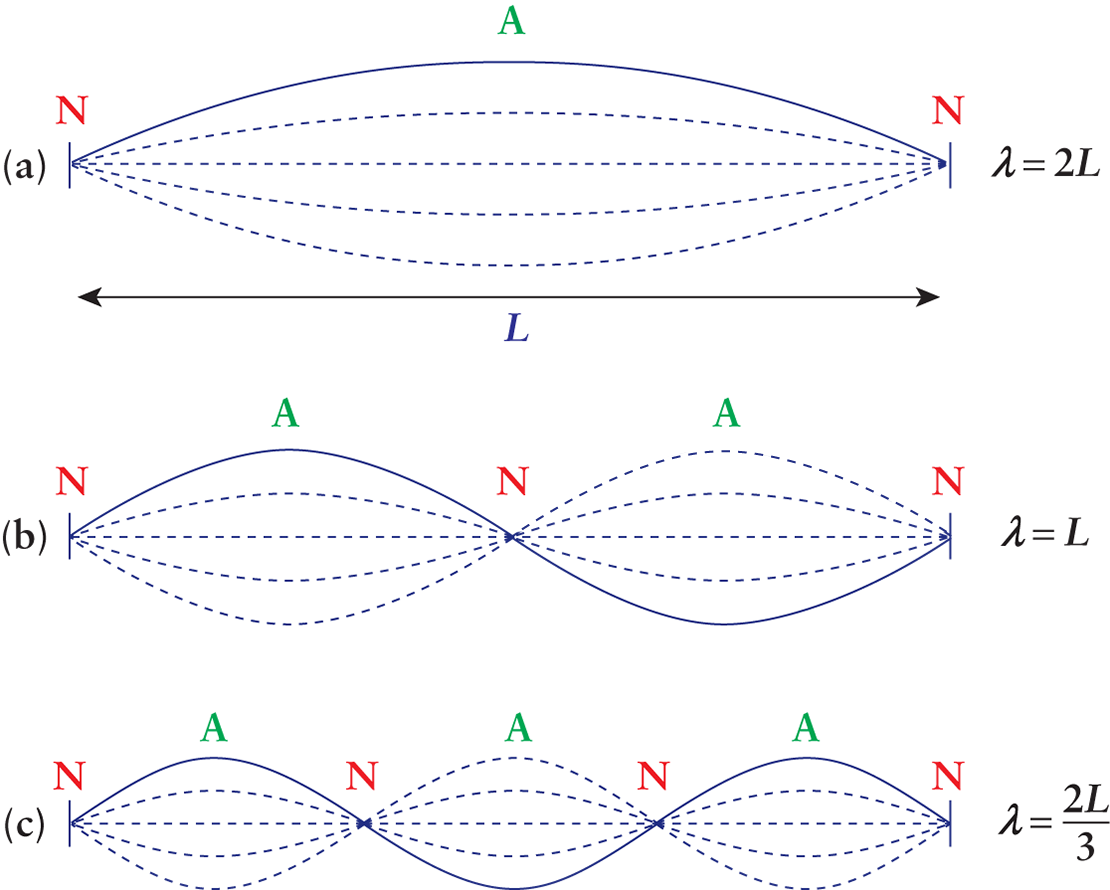 string with first, second, and third harmonics; first harmonic: lambda equals 2L, second: lambda equals L; third: lambda equals two-thirds of L