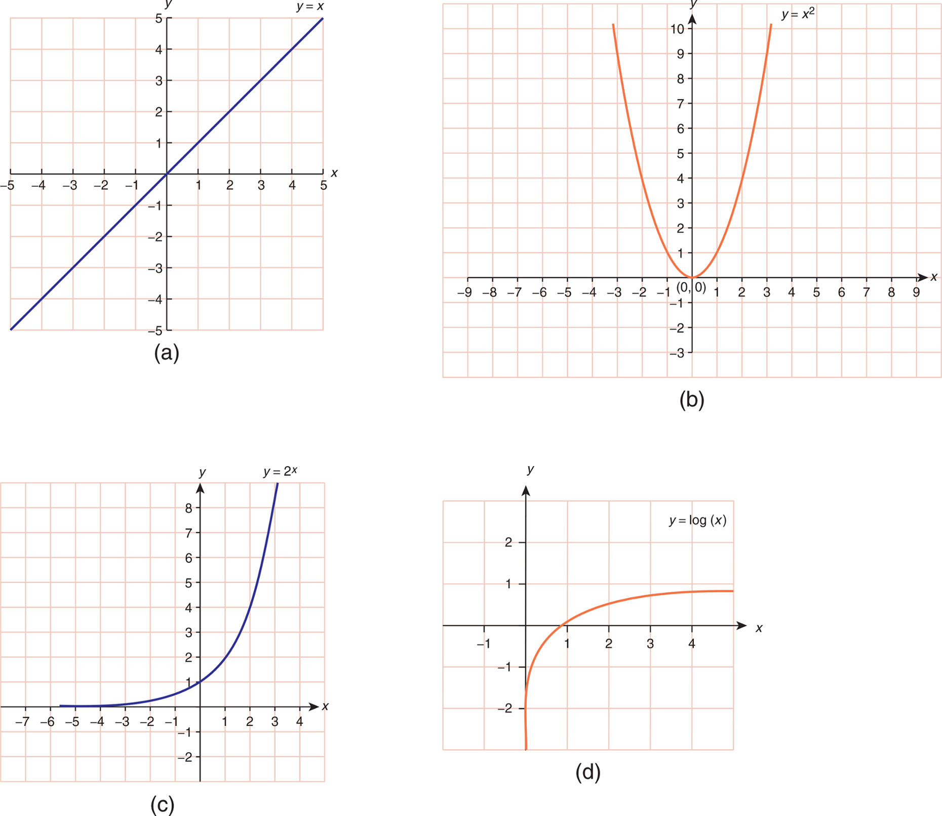 linear: straight line, parabolic: U-shaped, exponential: positive slope with upward curvature, logarithmic: positive slope with downward curvature