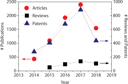 Graph represents number of publications per year following a linear increase from 2014 to 2017.