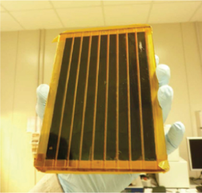 Figure shows image of blade coated perovskite solar module with active area of 100 cm 2.