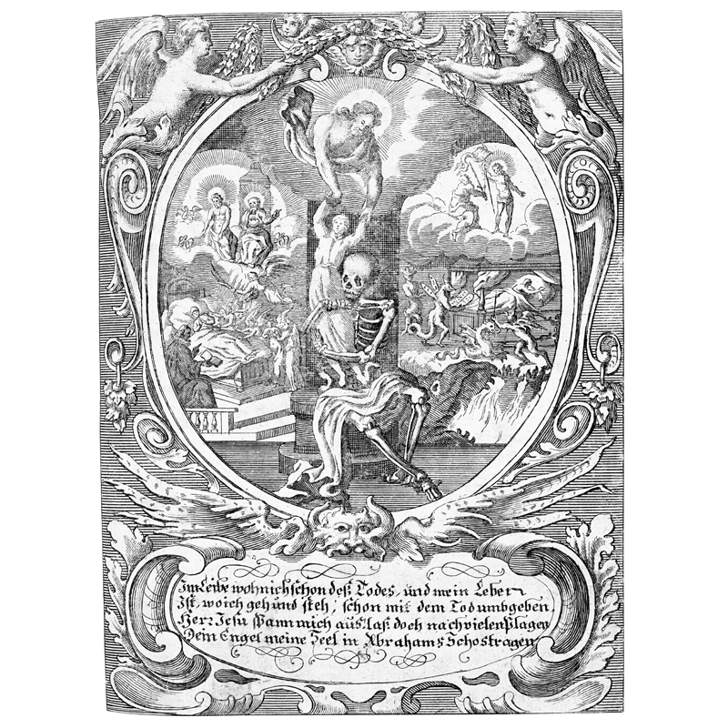 Il combattimento con la morte dall’Himmlischer Liebes-Kuss (1732) di Heinrich Müller, uno dei numerosi volumi della biblioteca di Bach che esortano a essere preparati e pronti all’inaspettata e arbitraria ora della propria morte.