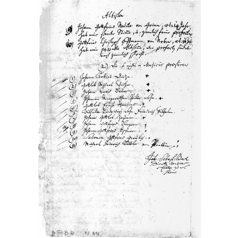 Dei tredici ragazzi con voce di contralto che furono ascoltati durante l’audizione del 1729, Bach annotò: uno «ha una voce forte ed è un prefetto molto buono»; un altro ha una «voce passabile, ma è ancora troppo debole per fare il prefetto»; mentre gli altri undici «sono inadatti alla musica».