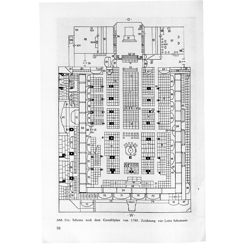 Disposizione dei posti a sedere della Thomaskirche. Questa ricostruzione della disposizione dei posti a sedere mostra blocchi rettangolari di banchi ereditari e ampi scomparti dedicati ai coristi (nn. 70-73).