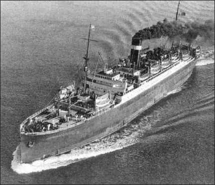 A view of the Athenia under way at sea, showing clearly the layout of the port side lifeboats