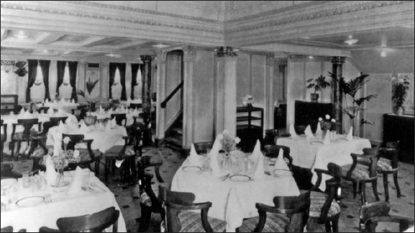 The attractive tourist-class dining room in the Athenia, showing the stairway toward which passengers groped their way in the dark after the ship had been hit by the torpedo