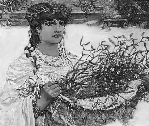 A DRUID PRIESTESS BEARING MISTLETOE.