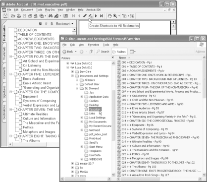 Converting a PDF’s bookmarks into desktop shortcuts, which can then be organized using the File Explorer