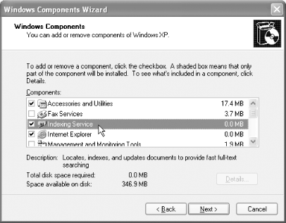 Adding the Indexing Service component to XP or 2000