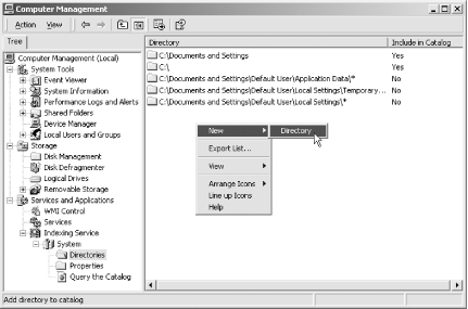 The Computer Management window, where you configure the Indexing Service