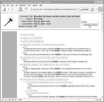 pdfportal’s document bookmarks, which organize search results