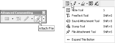 Acrobat 6’s Attach File paperclip-icon toolbar button and Acrobat 5’s hidden Attach File toolbar button, under the Note tool button