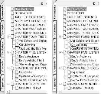 In Acrobat 5, dragging a bookmark to the left makes it a sibling (shown on the left), while dragging a bookmark to the right makes it a child (shown on the right)