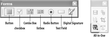 A tool for every form field in Acrobat 6 (left); one tool for all fields in Acrobat 5 (right)