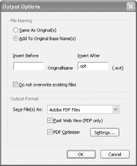 The Output Options dialog, where you can access Optimizer settings