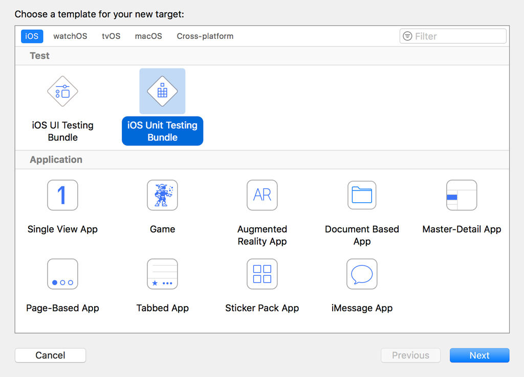 Choosing the iOS Unit Testing Bundle Template