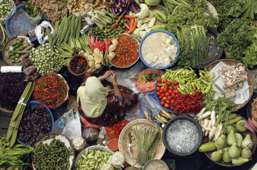 Photo showing a woman running a vegetable shop.