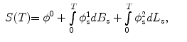 
$$\displaystyle\begin{array}{rcl} S(T) {=\phi }^{0} +\int \limits _{ 0}^{T}\phi _{ s}^{1}dB_{ s} +\int \limits _{ 0}^{T}\phi _{ s}^{2}dL_{ s},& &{}\end{array}$$
