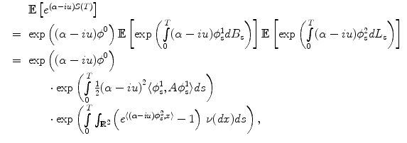 
$$\displaystyle\begin{array}{rcl} & & \mathbb{E}\left [{e}^{(\alpha -iu)S(T)}\right ] \\ & =& \exp \left ({(\alpha -iu)\phi }^{0}\right )\mathbb{E}\left [\exp \left (\int \limits _{ 0}^{T}(\alpha -iu)\phi _{ s}^{1}dB_{ s}\right )\right ]\mathbb{E}\left [\exp \left (\int \limits _{0}^{T}(\alpha -iu)\phi _{ s}^{2}dL_{ s}\right )\right ] \\ & =& \exp \left ({(\alpha -iu)\phi }^{0}\right ) \\ & & \qquad \cdot \exp \left (\int \limits _{0}^{T}\frac{1} {2}{(\alpha -iu)}^{2}\langle \phi _{ s}^{1},A\phi _{ s}^{1}\rangle ds\right ) \\ & & \qquad \cdot \exp \left (\int \limits _{0}^{T}\int _{{ \mathbb{R}}^{2}}\left ({e}^{\langle (\alpha -iu)\phi _{s}^{2},x\rangle } - 1\right )\,\nu (dx)ds\right ), {}\end{array}$$
