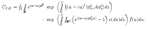 
$$\displaystyle\begin{array}{rcl} C_{T,K} = \frac{1} {2\pi }\int \limits _{\mathbb{R}}{e}^{{(\alpha -iu)\phi }^{0} }& \exp & \left (\int \limits _{0}^{T}\frac{1} {2}{(\alpha -iu)}^{2}\langle \phi _{ s}^{1},A\phi _{ s}^{1}\rangle ds\right ) \\ \cdot & \exp & \left (\int \limits _{0}^{T}\int _{{ \mathbb{R}}^{2}}\left ({e}^{\langle (\alpha -iu)\phi _{s}^{2},x\rangle } - 1\right )\nu (dx)ds\right )\hat{f}(u)du.{}\end{array}$$
