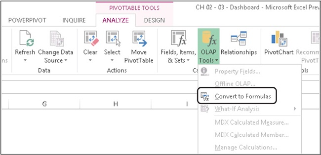 The Convert To Formulas option is available for PivotTables based on the data model.