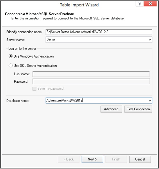 The Table Import Wizard asks for the basic information that is needed to perform the loading procedure.