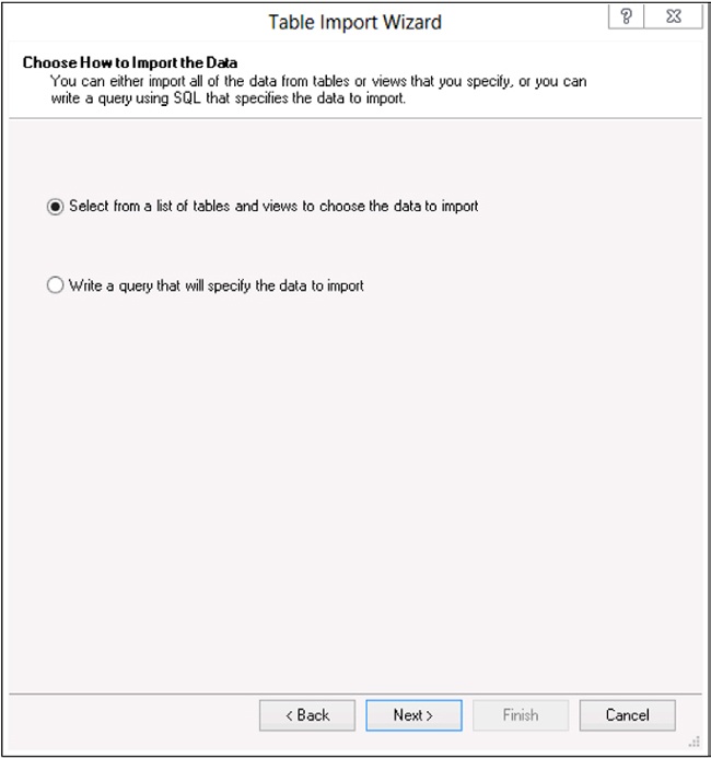 You can choose to load data from tables or to write an SQL query.