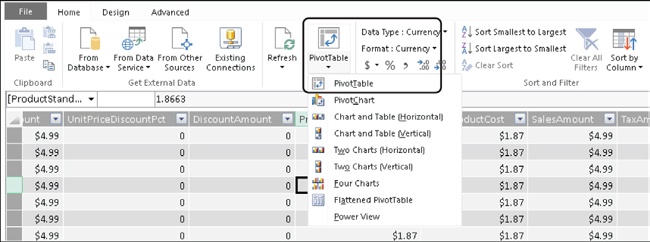 You can create a PivotTable from the PowerPivot window using the PivotTable button.