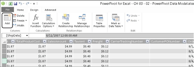 Use Add to create a new calculated column in the PowerPivot window.