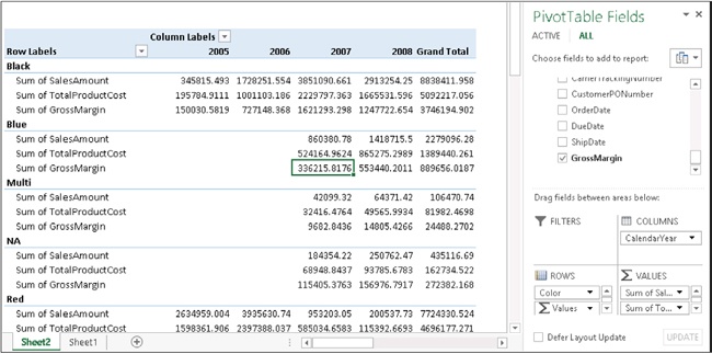 Once a calculated column is added to the data model, it shows in the PivotTable Fields list.