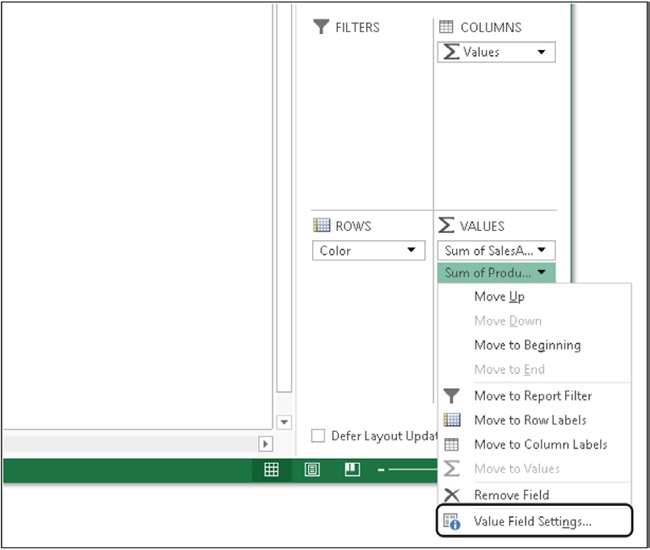 The Value Field Setting menu option lets you change various properties of a value.