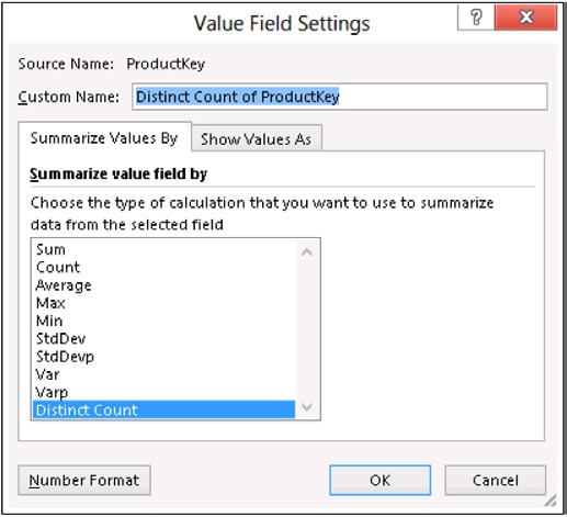 The Value Field Setting window has a Distinct Count aggregate function available.