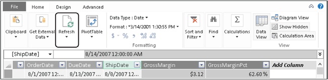 The Refresh button in the PowerPivot window lets you reload the content from the database.