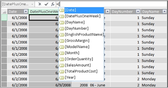 IntelliSense shows all the fields of the current table when you type the opening square bracket into the PowerPivot window.