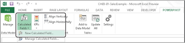 The New Calculated Field option on the PowerPivot ribbon.