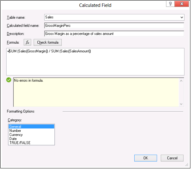 The correct definition of the GrossMarginPerc measure calculated field.