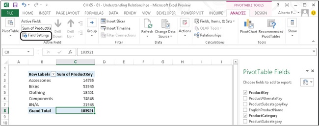 The Field Settings button lets you modify the way that values are shown in the PivotTable.